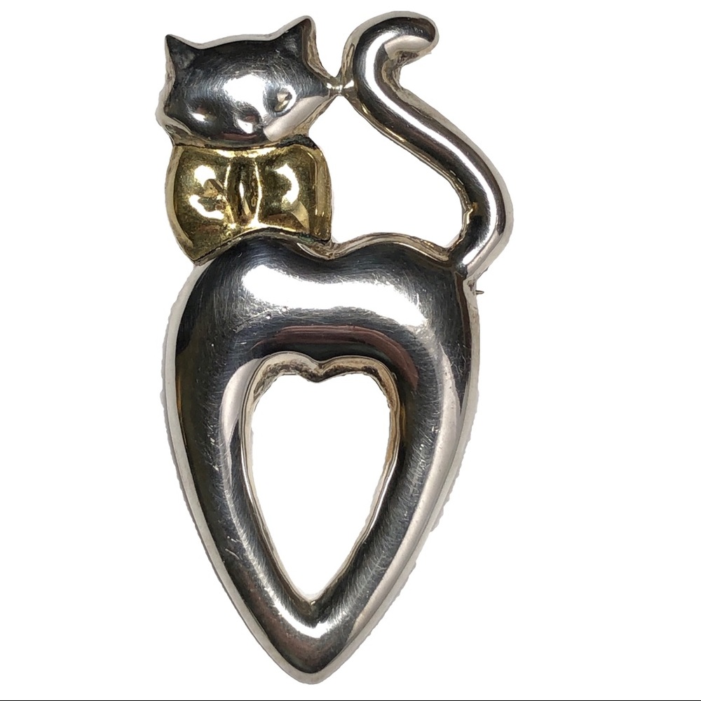 Sterling Silver Cat Brooch Pin 925 Mexico Gold Bow
